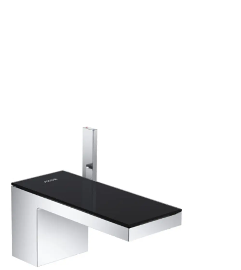 Ein Einhebel-Waschtischmischer von AXOR mit rechteckiger Oberfläche aus Schwarzglas und Chrom, ausgestattet mit einer Push-Open Ablaufgarnitur.